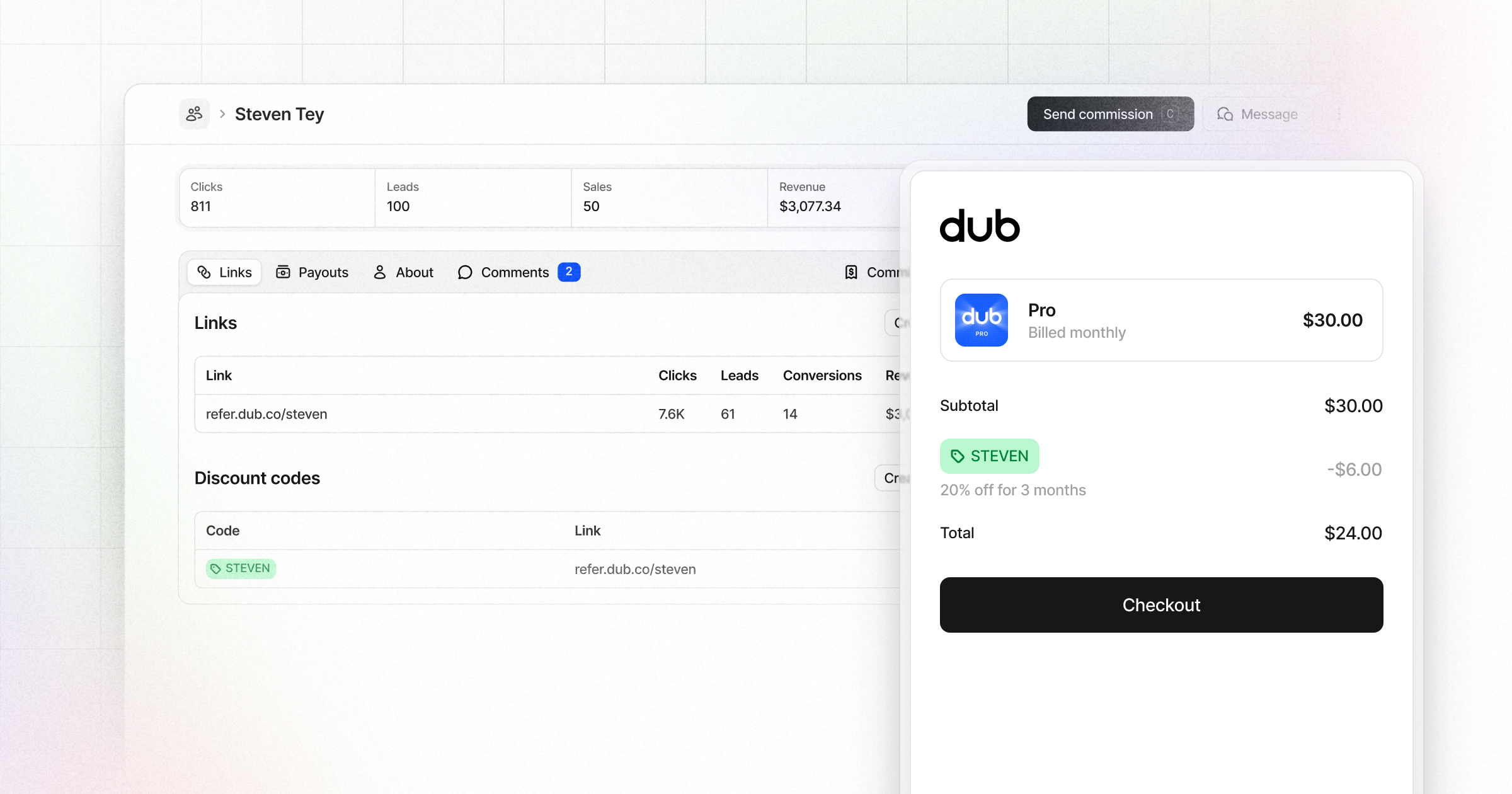 Dub dashboard showing partner discount codes and checkout discount example