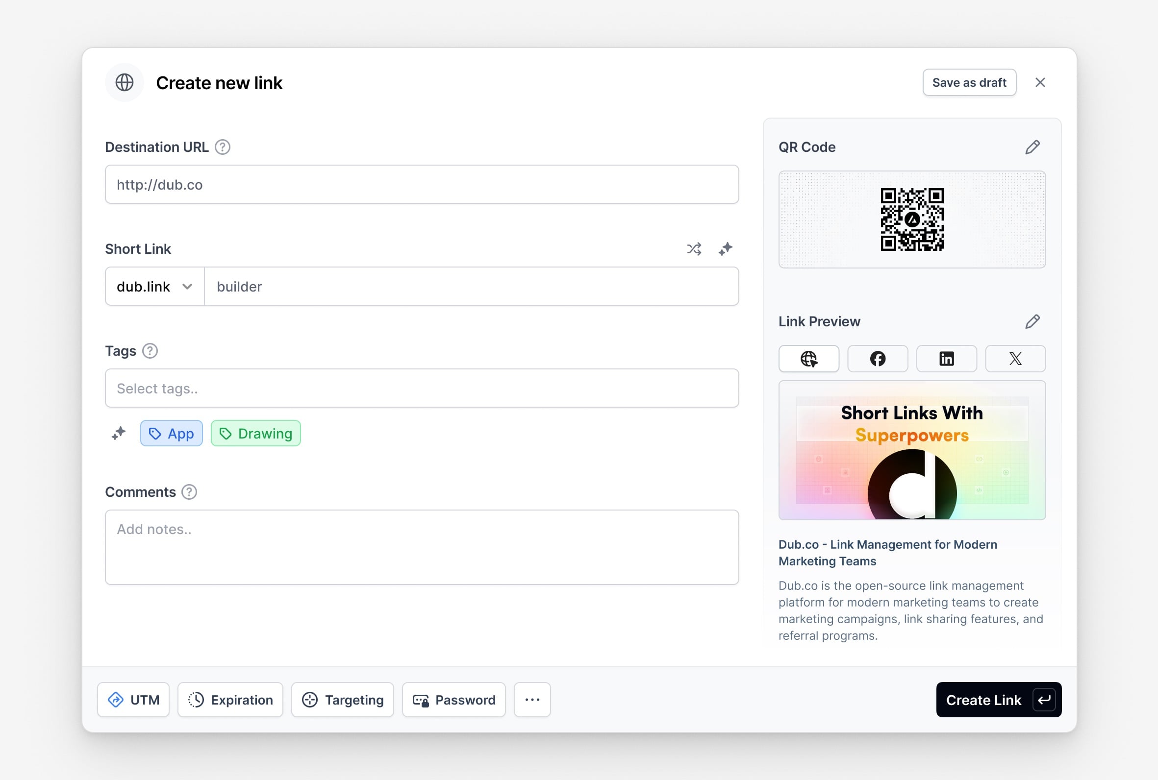 Dub link builder showing short link creation QR code and link preview options