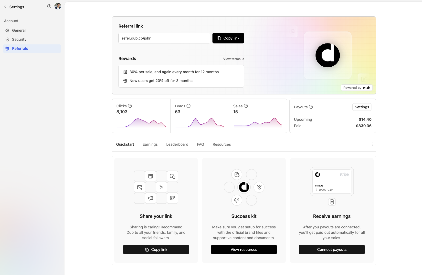 Dub referral dashboard showing referral link stats, rewards, clicks, leads, and payouts