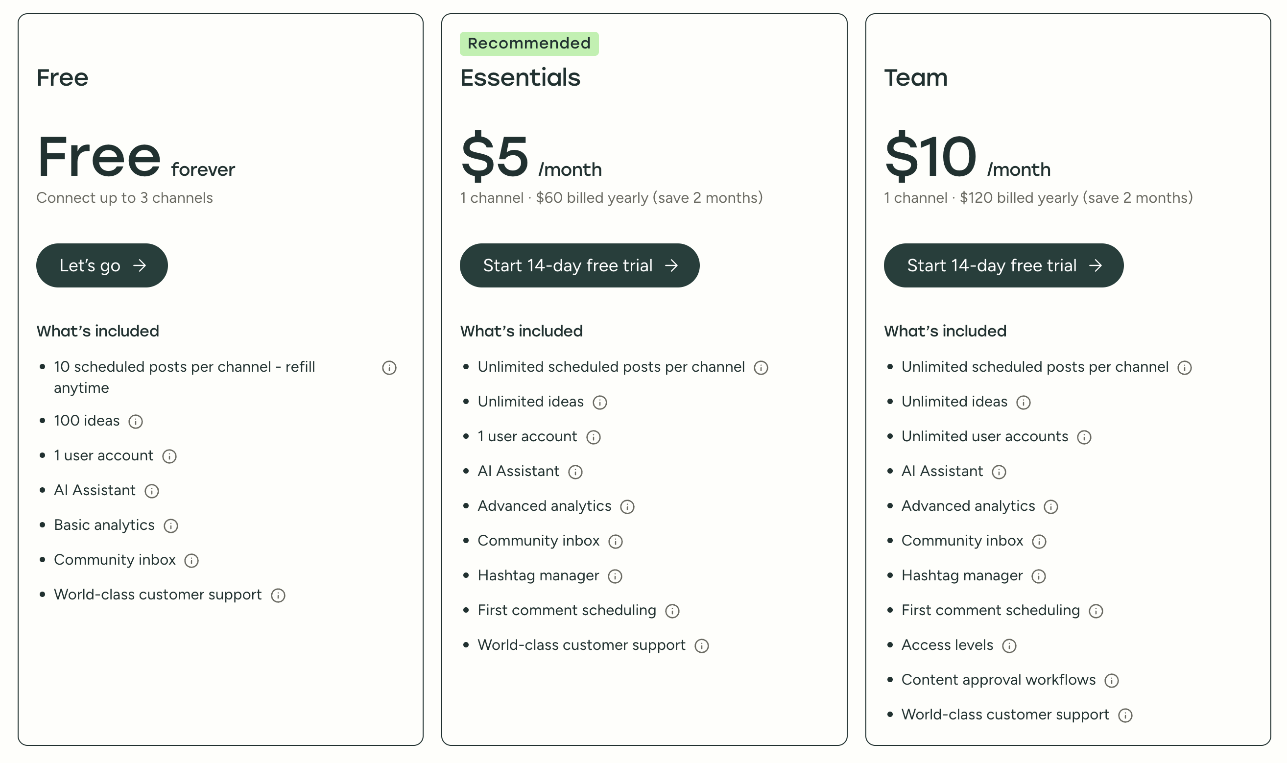 Buffer plan cards showing Free, Essentials, and Team pricing