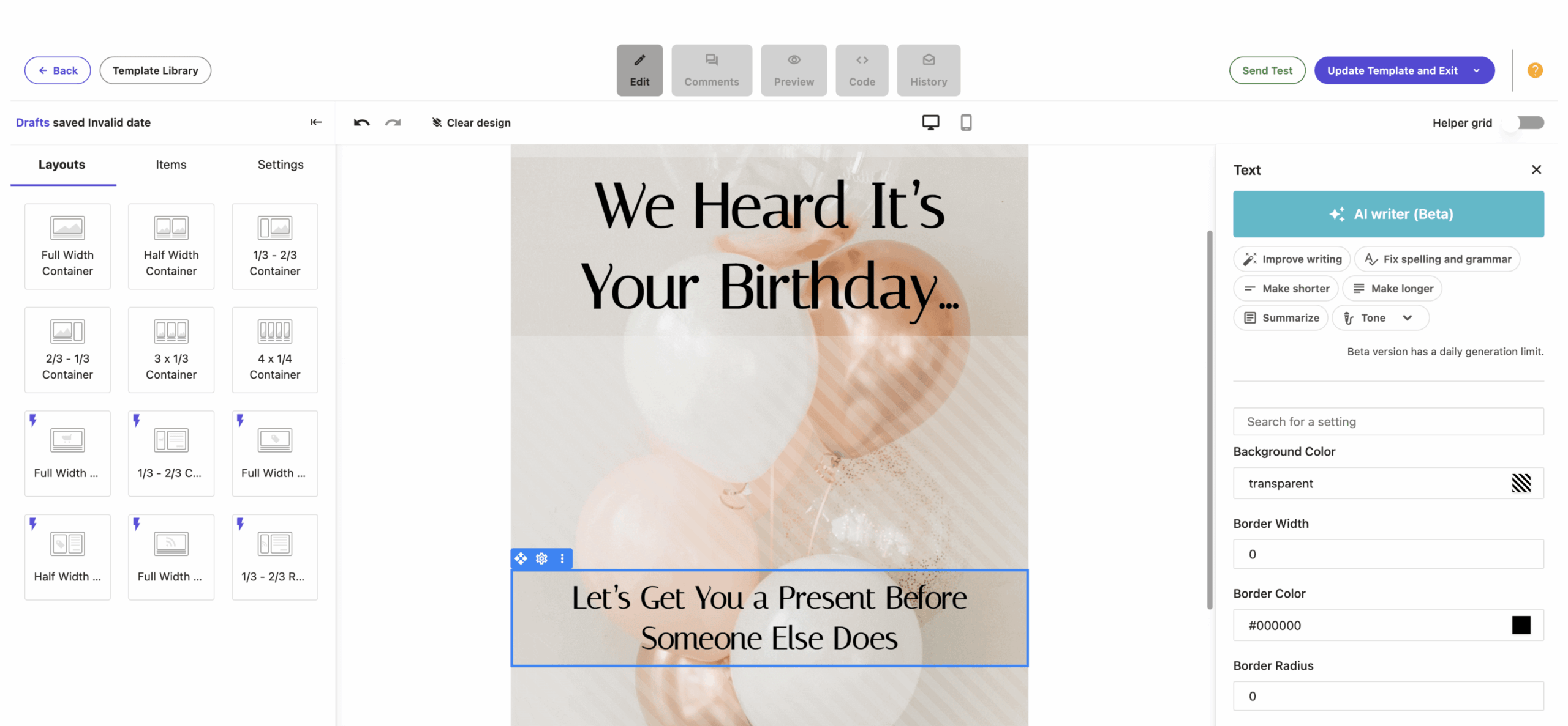 Moosend email editor with AI writing options visible