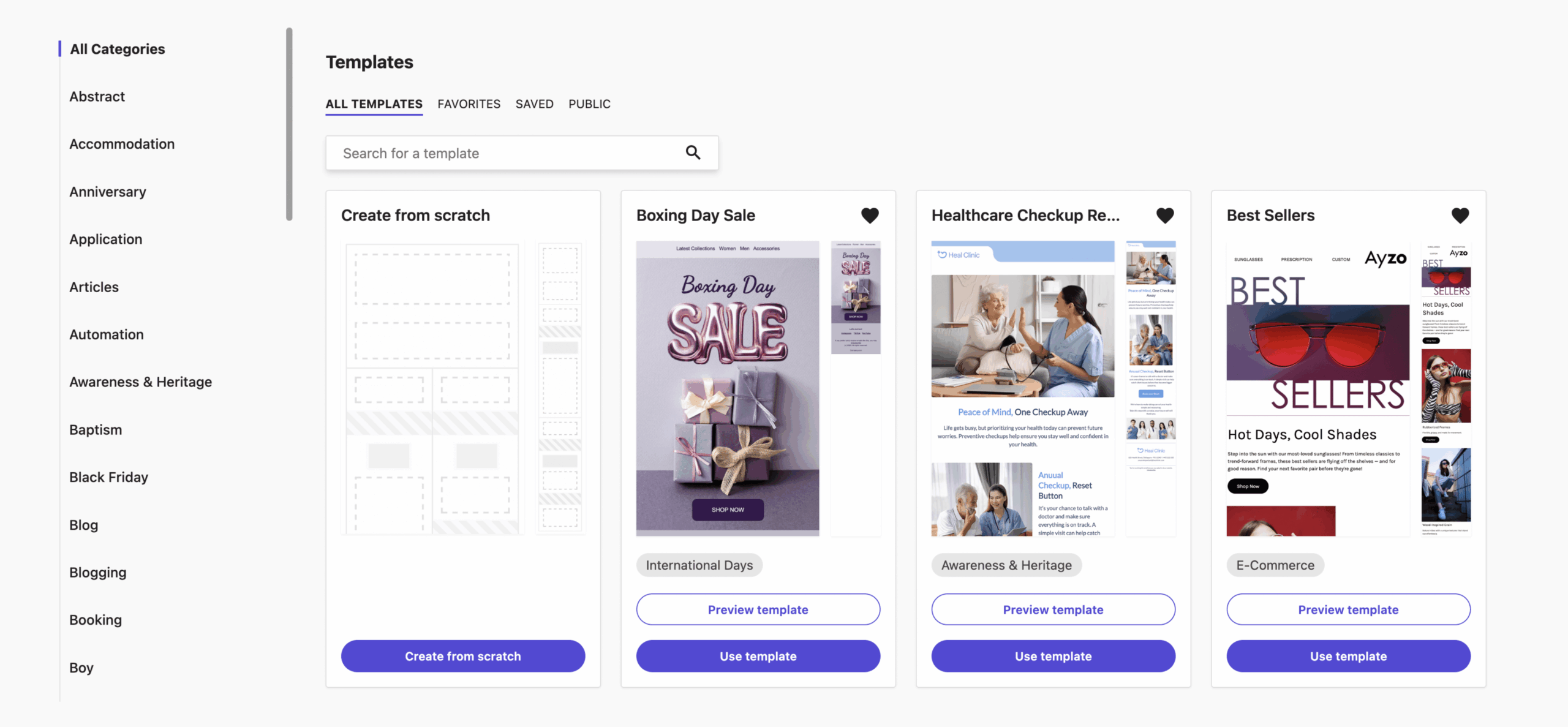 Moosend template gallery showing multiple newsletter templates