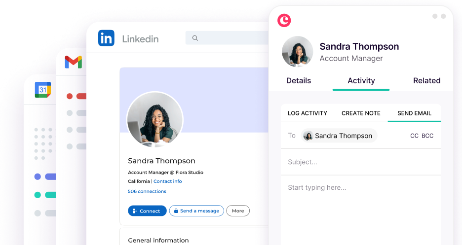 Copper Chrome extension showing LinkedIn contact capture beside Gmail and Calendar