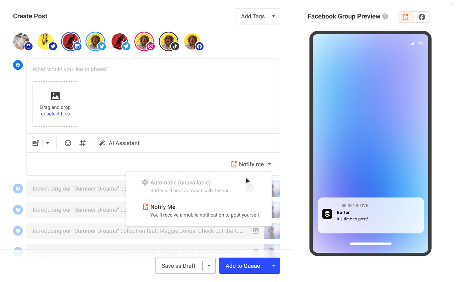 Buffer notification publishing workflow for a Facebook group post on mobile