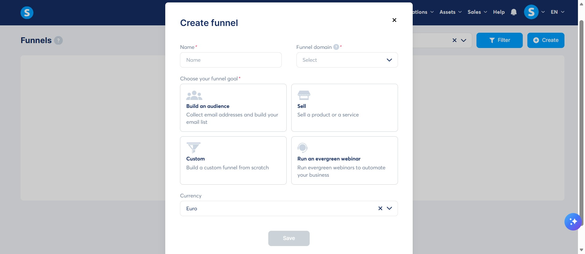 Systeme.io funnel creation screen showing audience, sell, custom, and evergreen webinar options