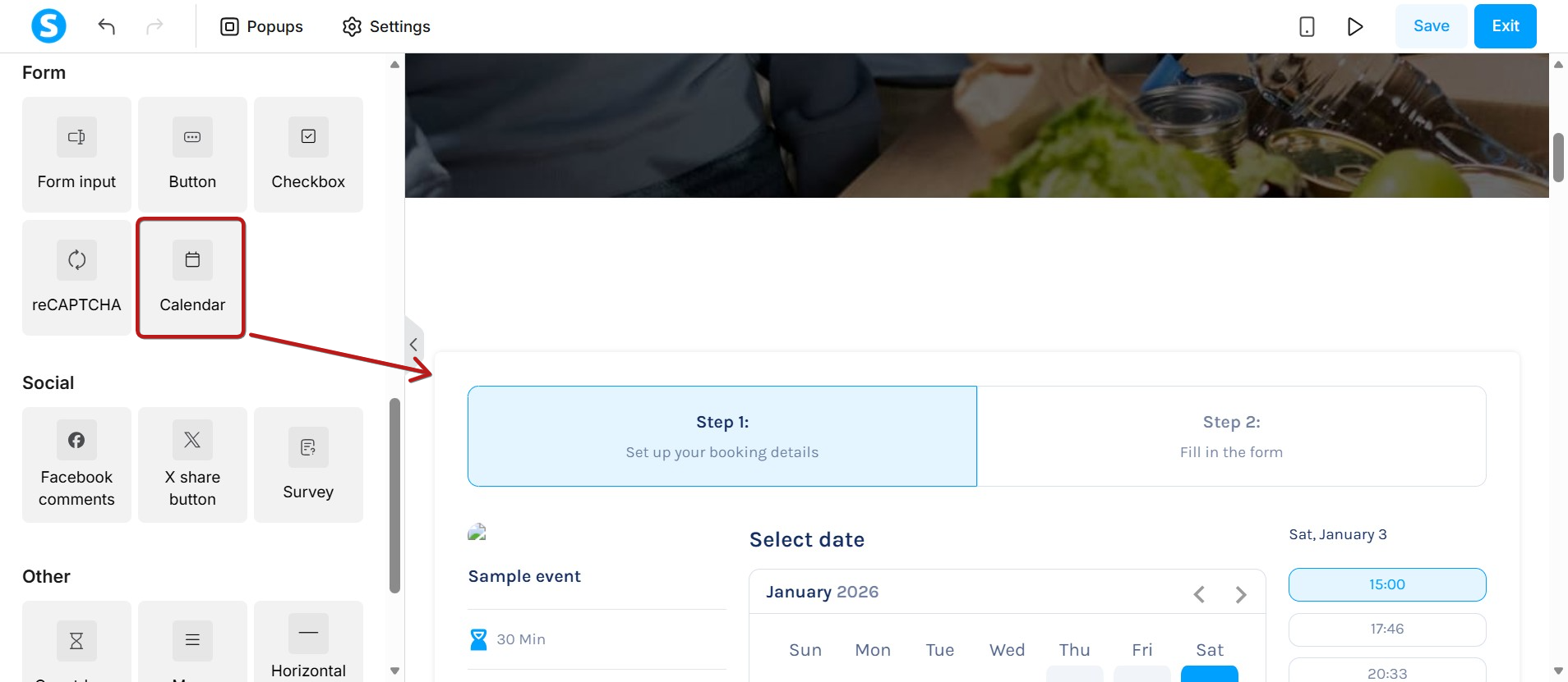 Systeme.io booking calendar builder screen