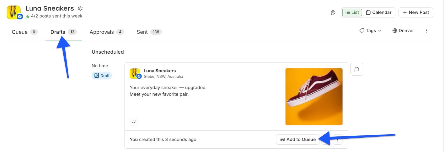 Buffer drafts screen showing Add to Queue in the publishing workflow