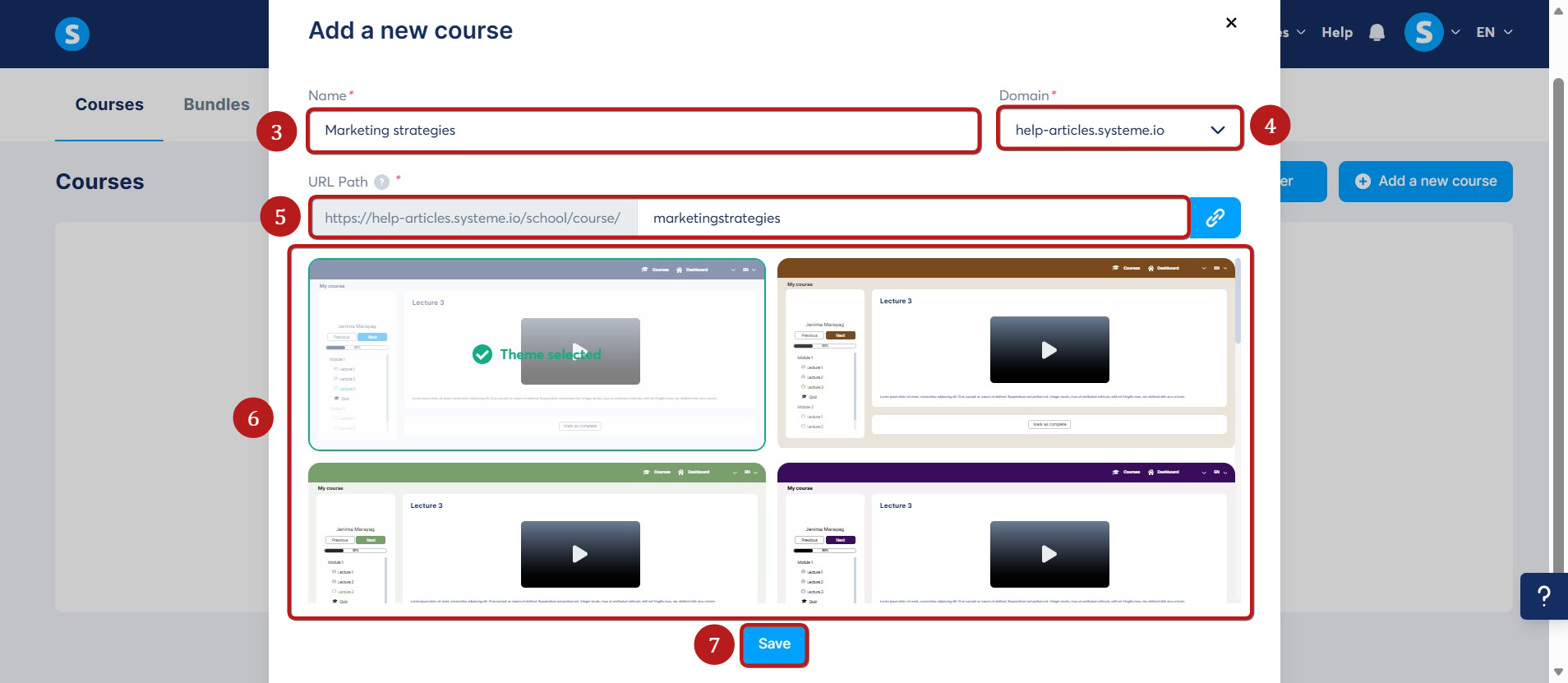 Systeme.io course creation screen