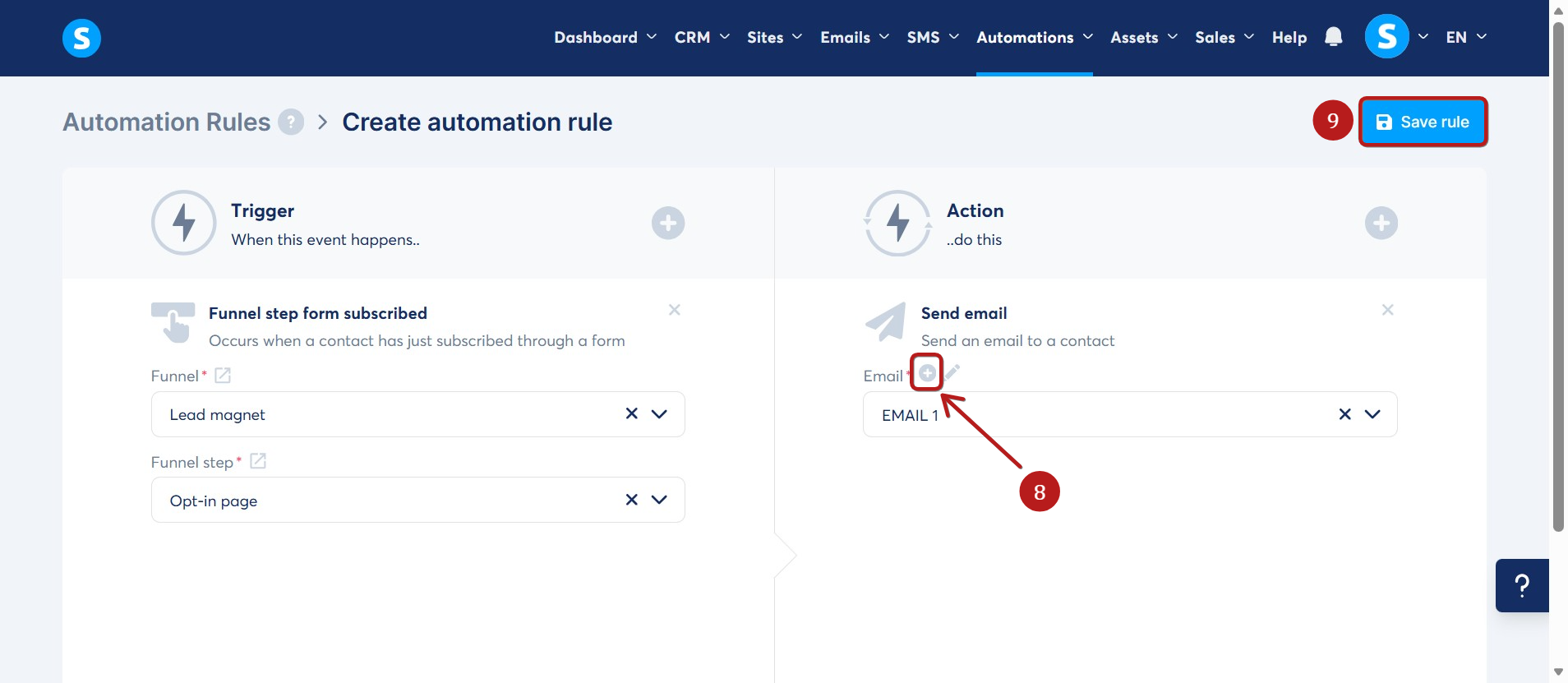 Systeme.io automation rule screen showing trigger and send email action