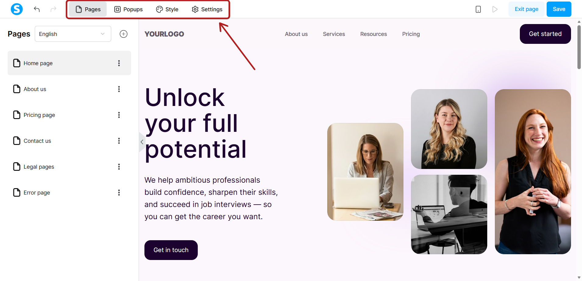 Systeme.io website editor showing pages, popups, style, and settings