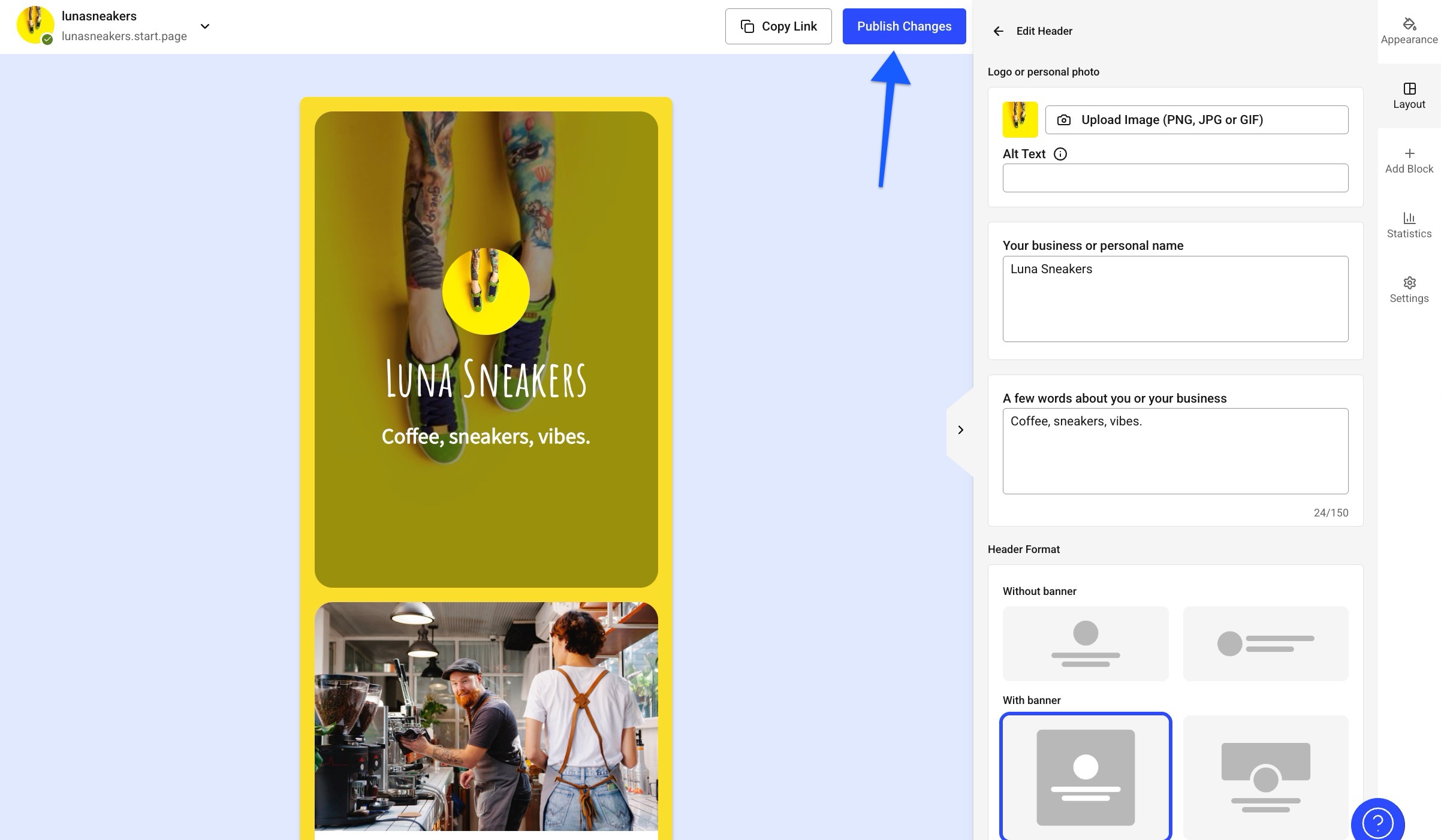 Buffer Start Page editor with publish button and customization options