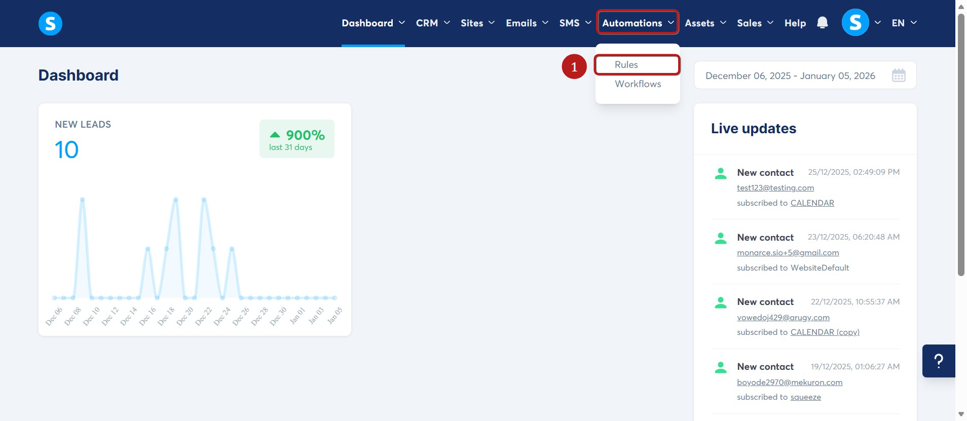 Systeme.io automation rules dashboard screenshot