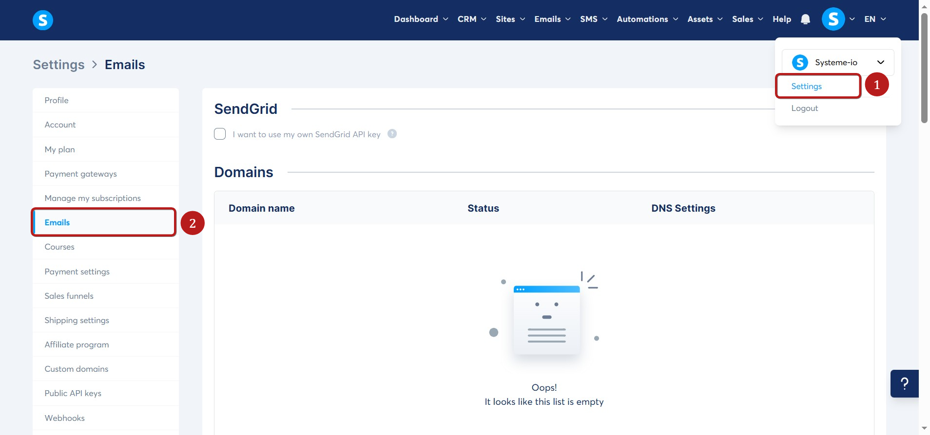 Systeme.io email settings screenshot for custom email setup