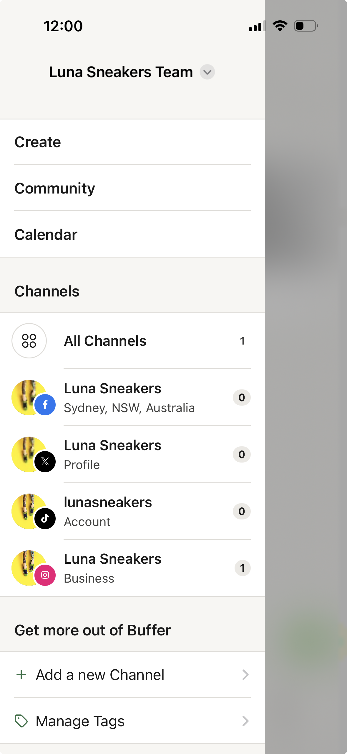 Buffer mobile app channel list showing multiple connected social accounts