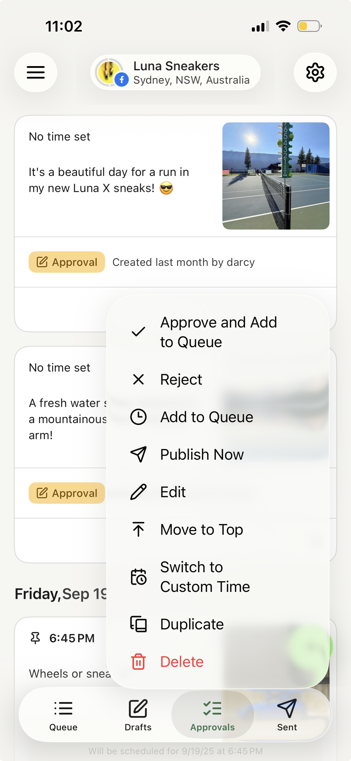 Buffer mobile approval menu showing approve and add to queue options