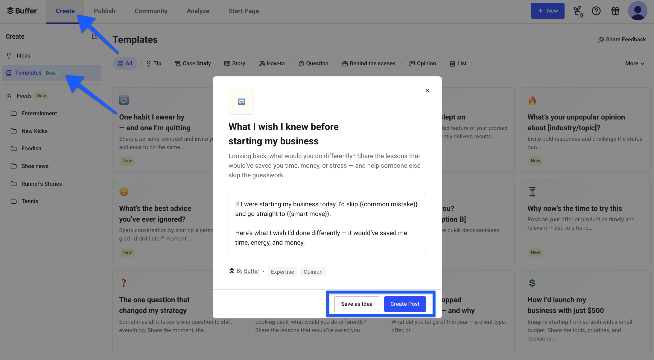 Buffer template opened with options to save as an idea or create a post