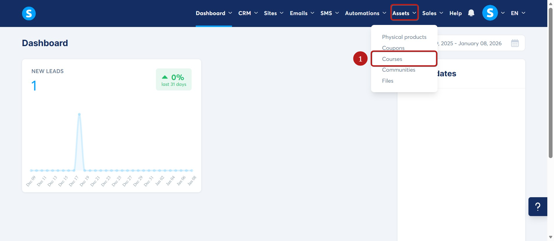 Systeme.io course area in the dashboard menu