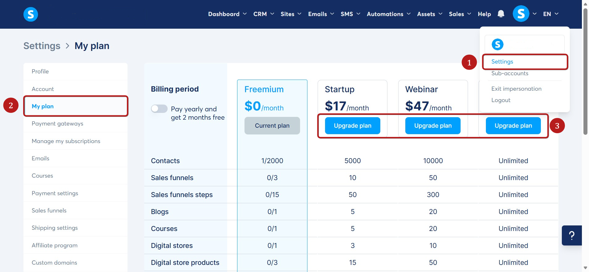 Systeme.io pricing screen showing free and paid plans