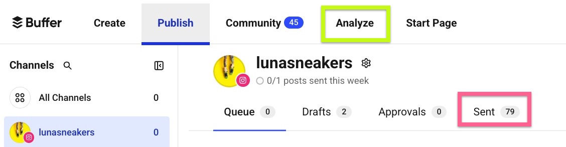 Buffer dashboard showing Publish, Community, Analyze, and Start Page tabs