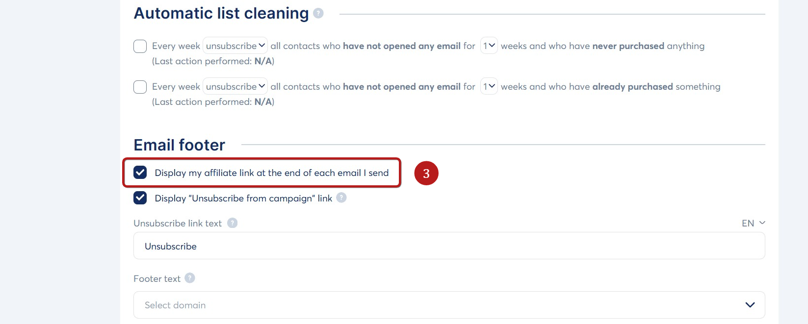 Systeme.io email footer settings showing the affiliate link option in emails