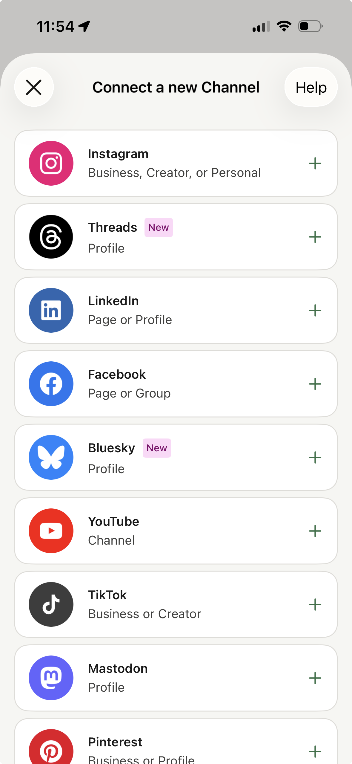 Buffer mobile app showing the screen to connect a new social channel