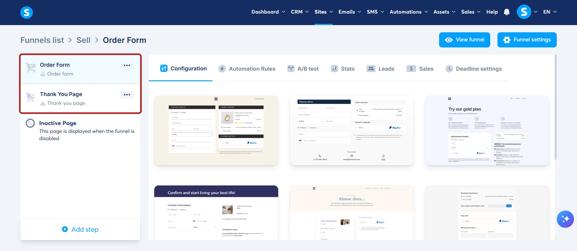 Systeme.io sell funnel screen showing order form templates and funnel steps