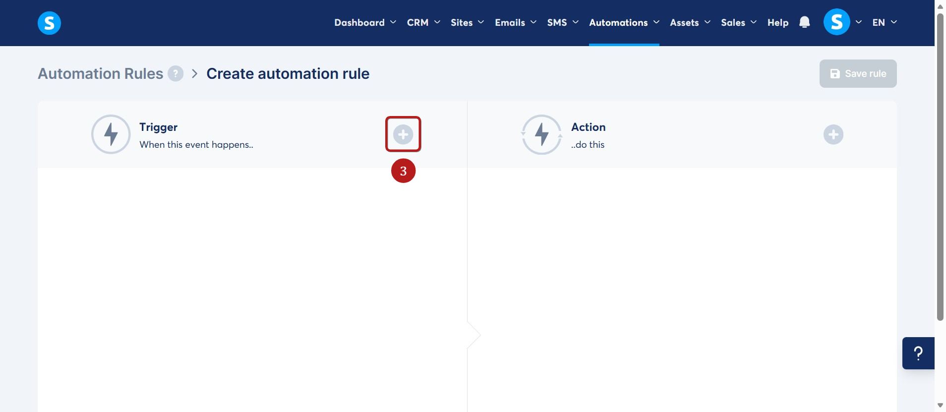Systeme.io automation rule builder with trigger and action sections
