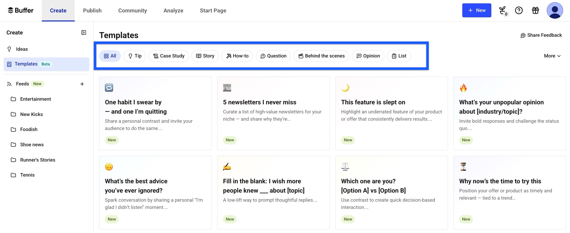 Buffer Template Library with topic filters for creating social posts faster