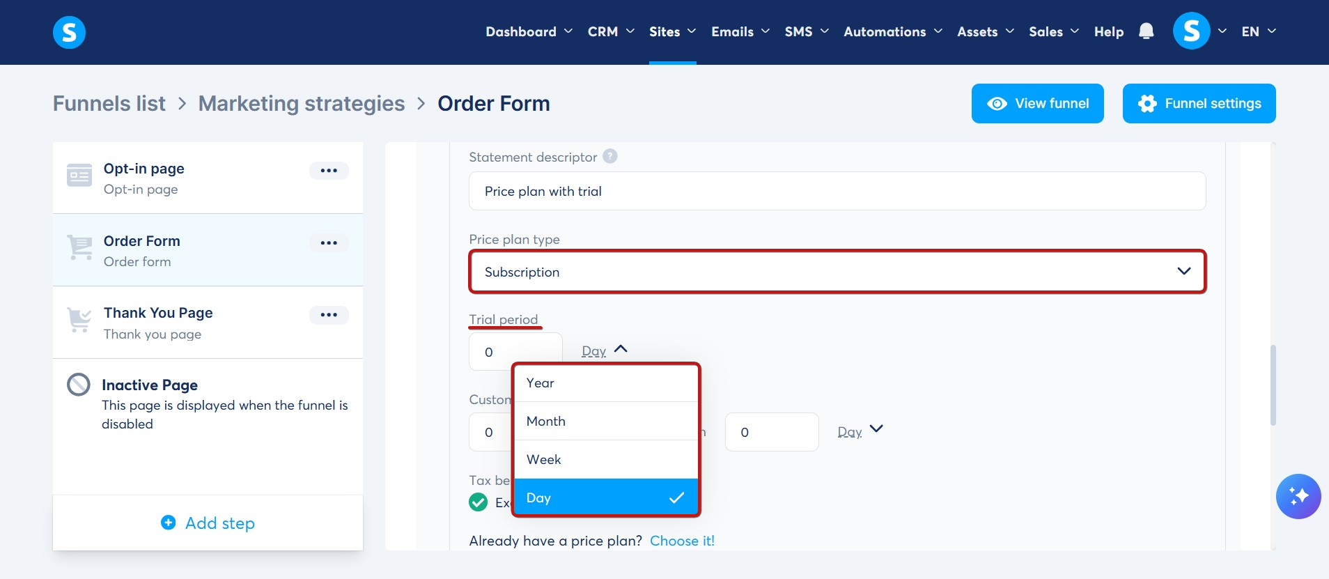 Systeme.io order form screen showing how a free trial can be added to a subscription offer