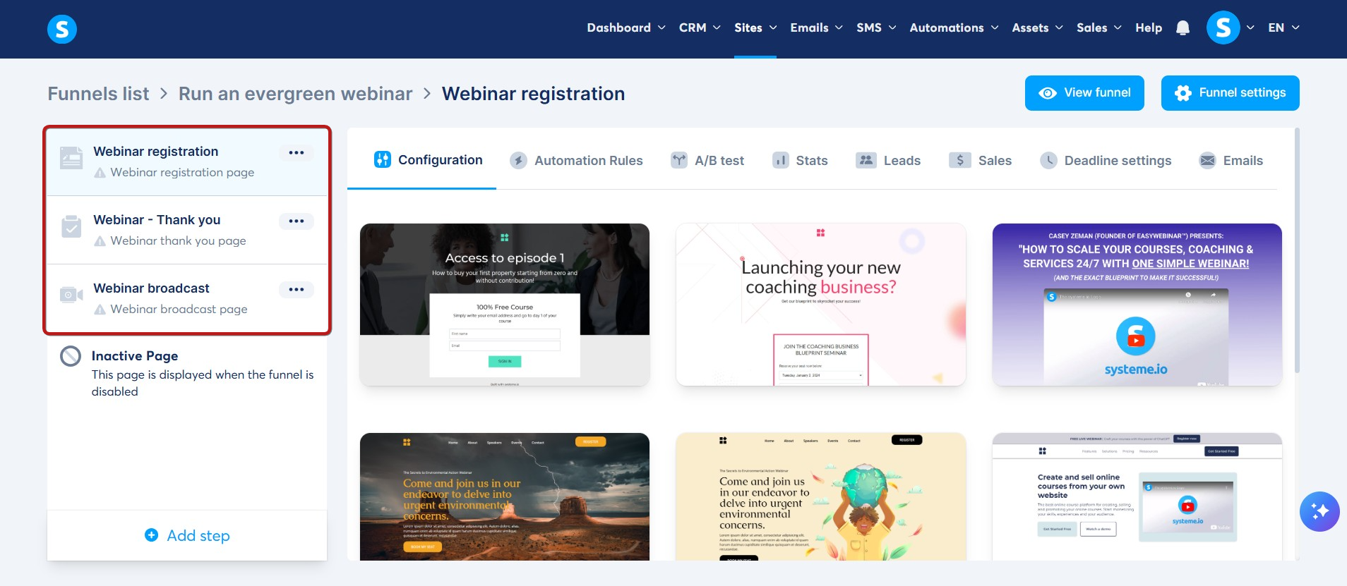 Systeme.io webinar funnel screen showing registration and thank-you pages with template previews