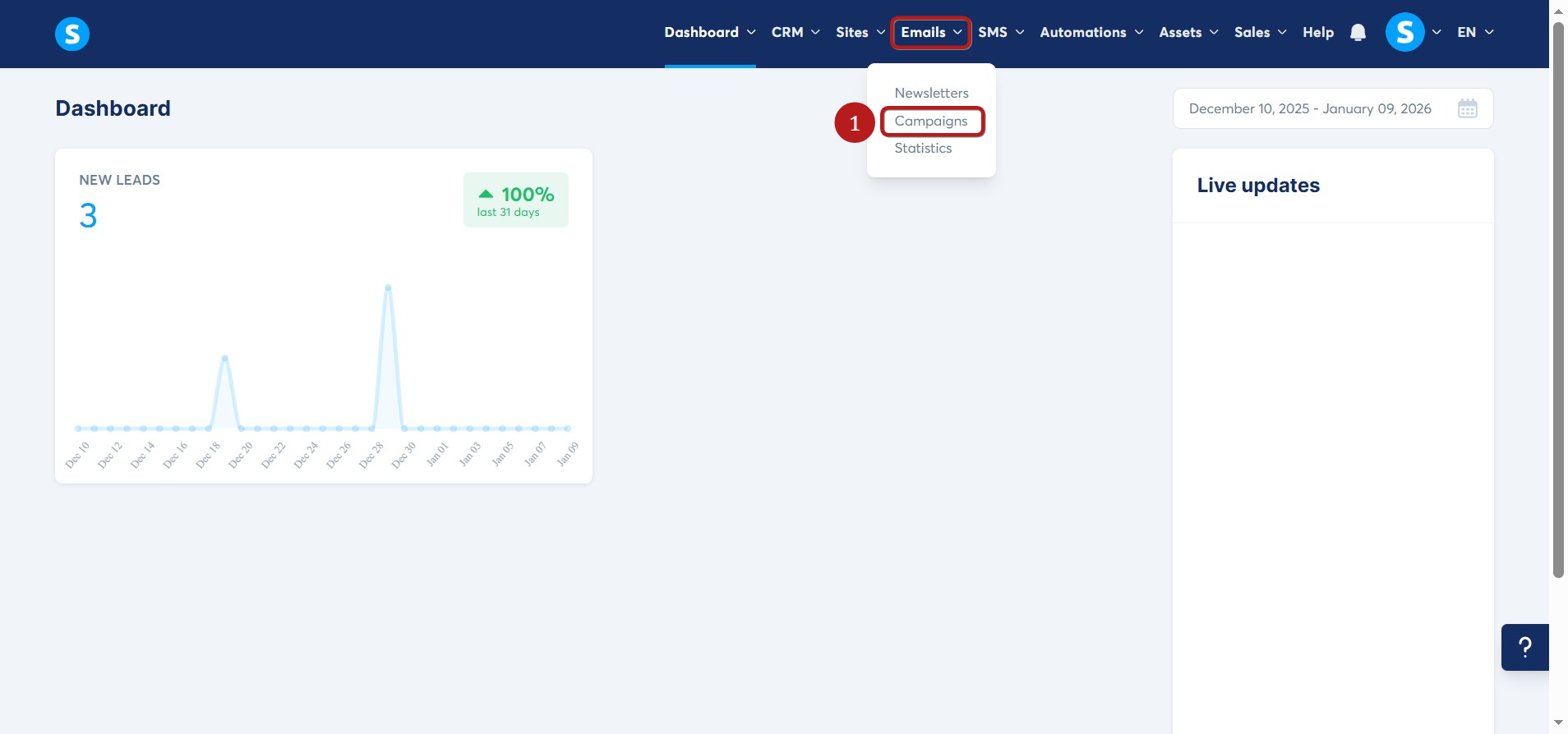 Systeme.io email dashboard with campaigns selected from the menu