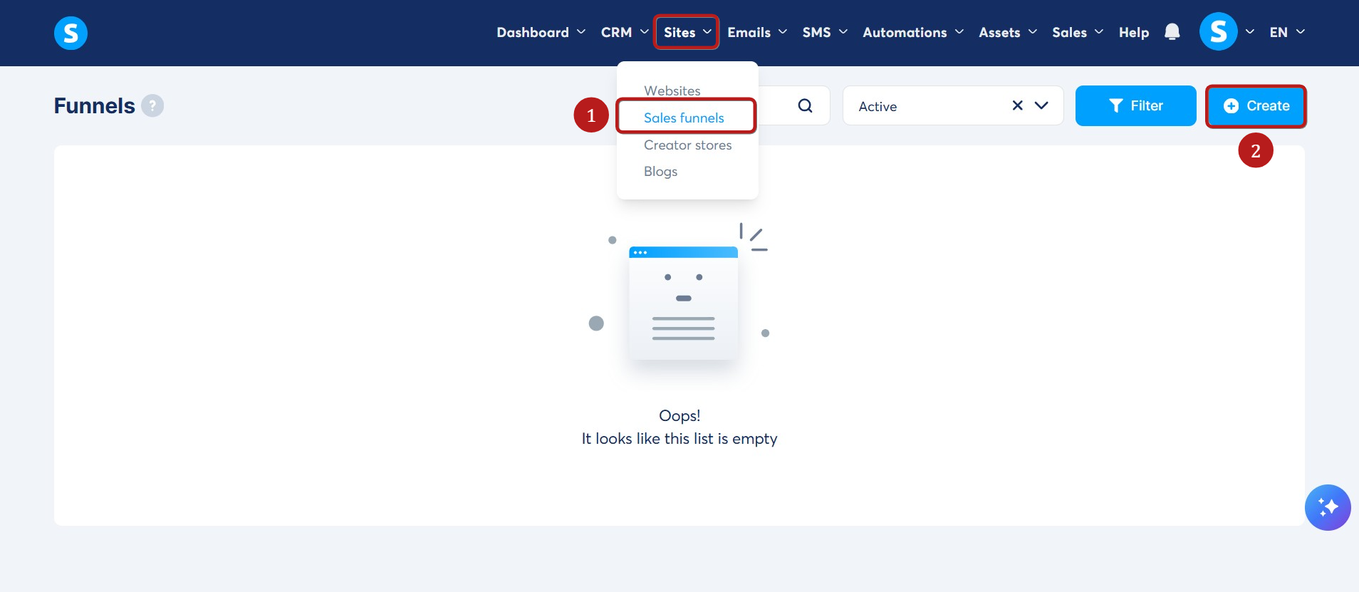 Systeme.io dashboard showing the sales funnels area