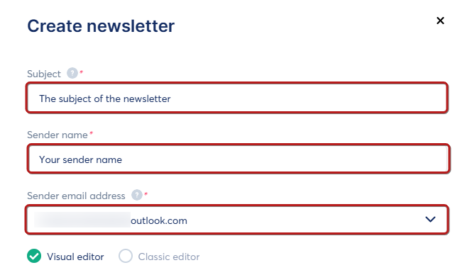 Systeme.io newsletter creation popup with subject and sender fields