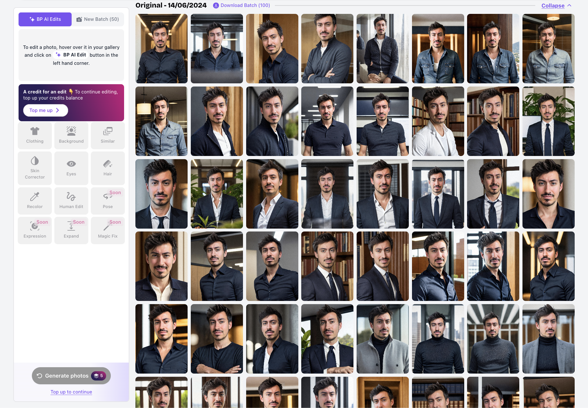 BetterPic AI Studio gallery showing multiple generated headshots and edit tools
