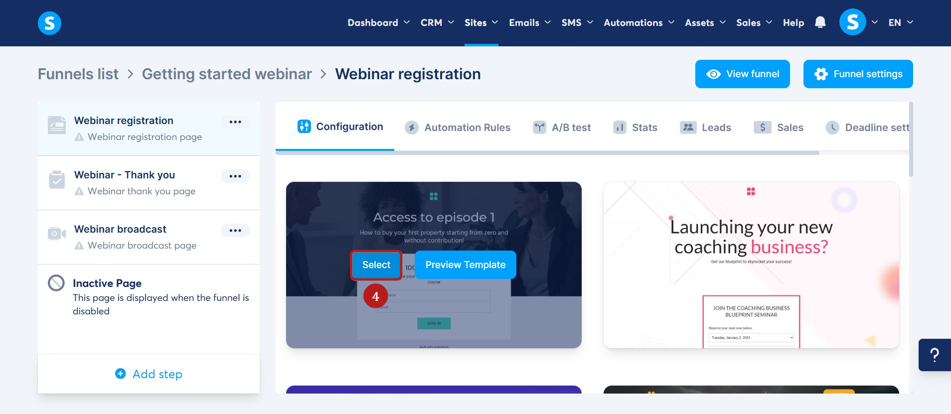 Systeme.io evergreen webinar template selection screen