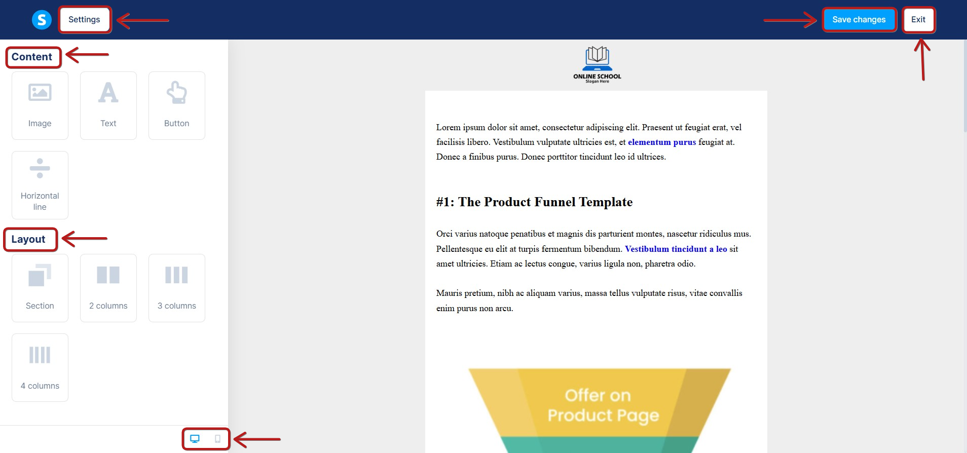 Systeme.io visual email editor with content and layout blocks