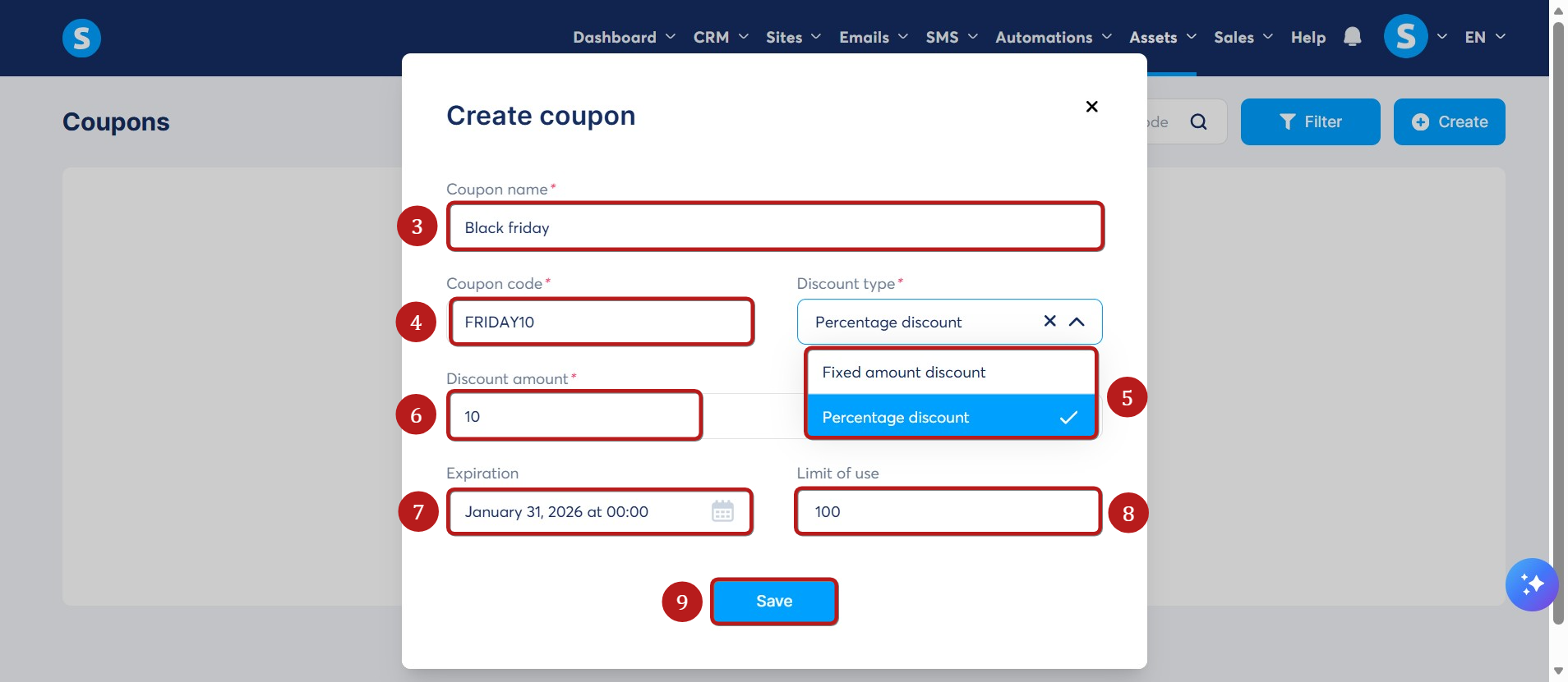 Systeme.io coupon creation screen showing code, discount type, expiration, and usage limit settings
