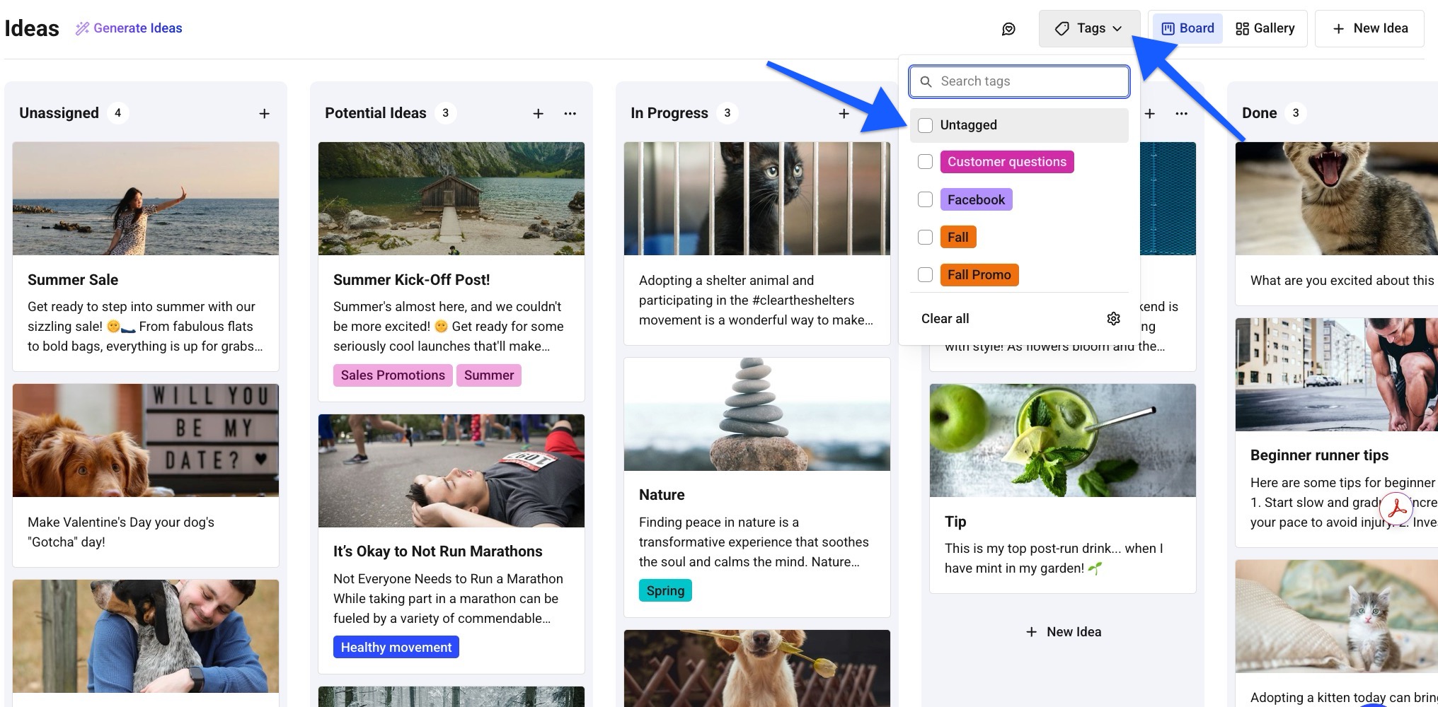 Buffer Create space using tags to organize content ideas on a board