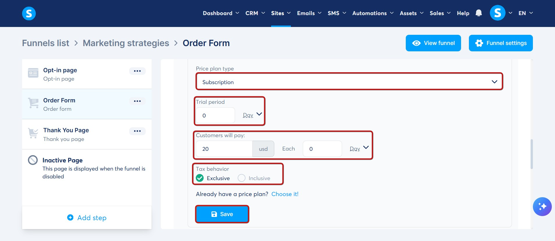 Systeme.io subscription price plan settings inside an order form