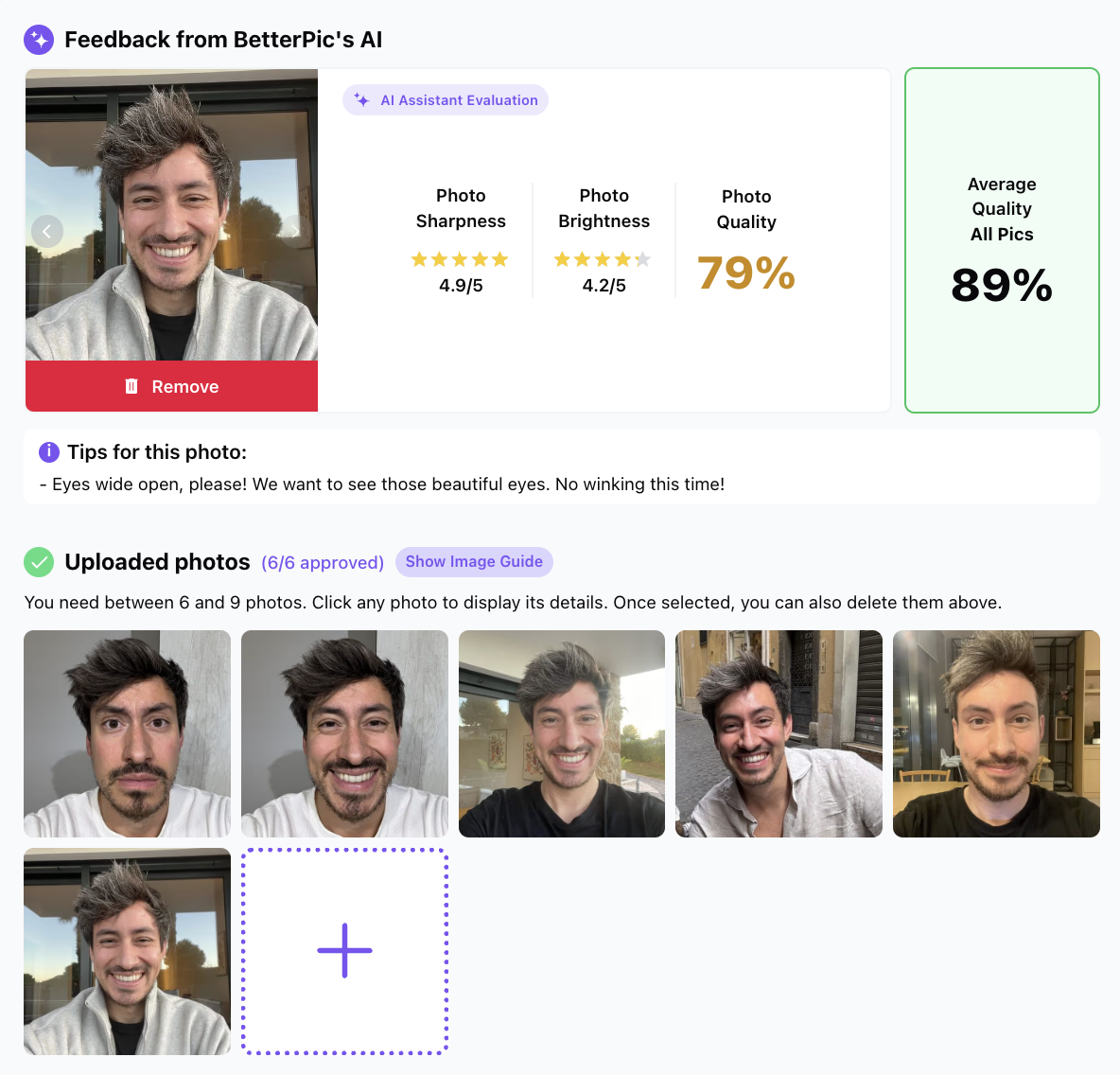 BetterPic upload quality feedback screen showing photo scores and average quality