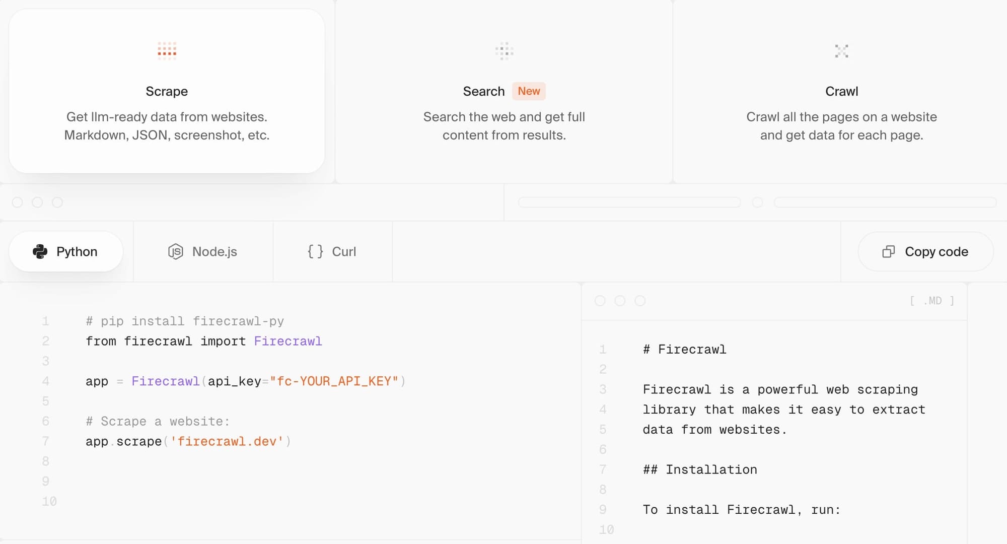 Firecrawl homepage showing scrape, search, and crawl features