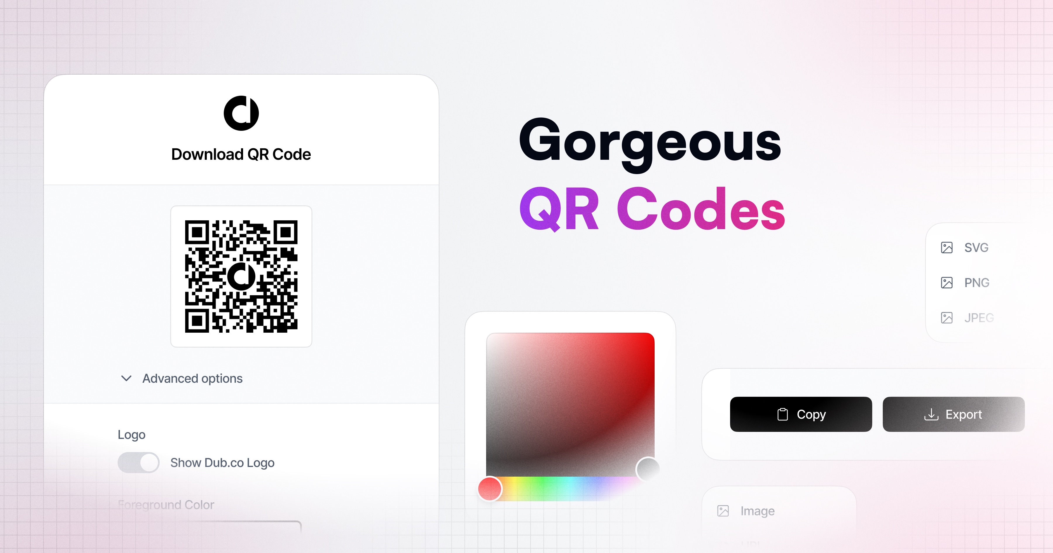 Dub QR code builder with export options and branding controls