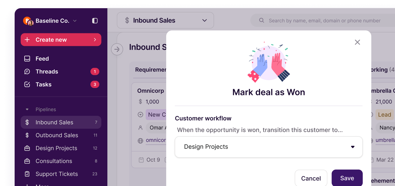 Copper workflow showing a won deal moving into a customer delivery pipeline