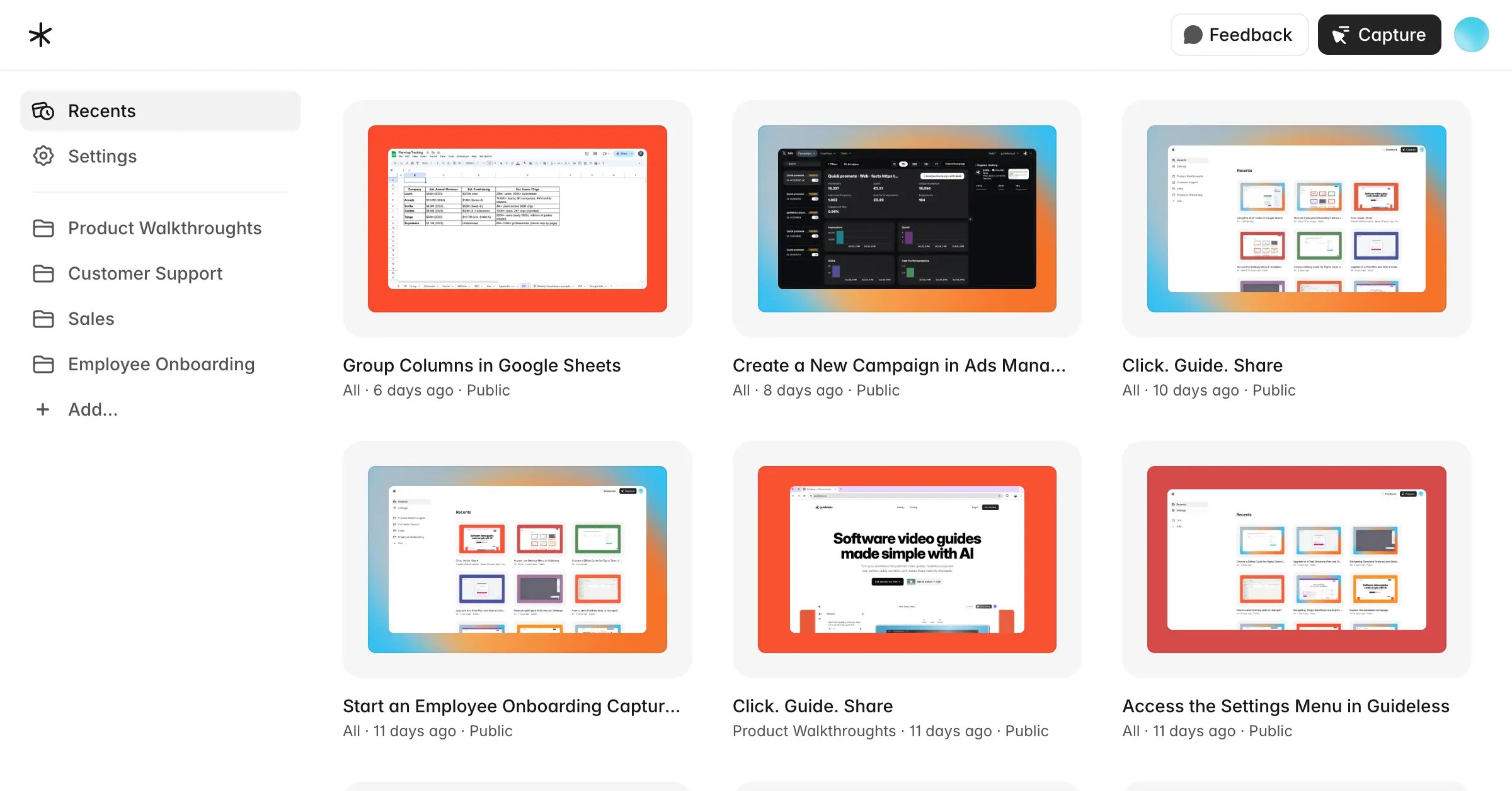 Guideless dashboard showing organized guide folders for different use cases