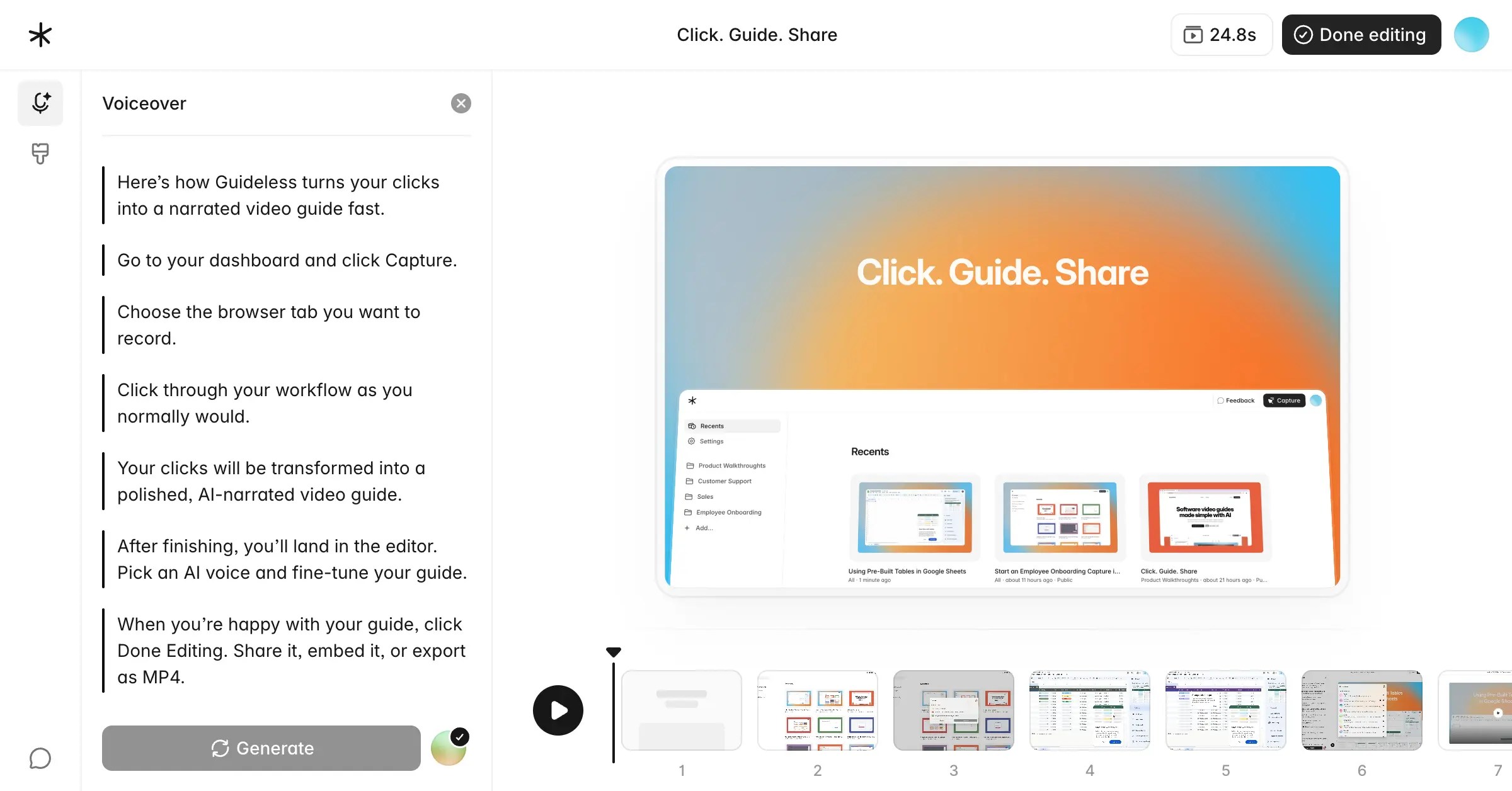 Guideless narration editing screen with generated walkthrough script