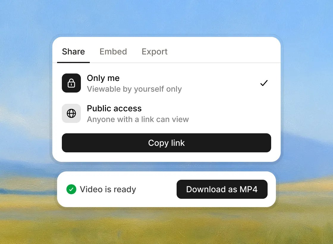 Guideless sharing options showing link sharing, embeds, and MP4 export