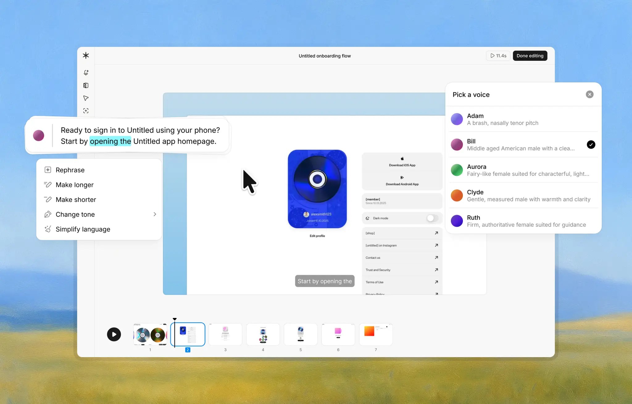 Guideless editor showing a generated walkthrough with AI voice selection