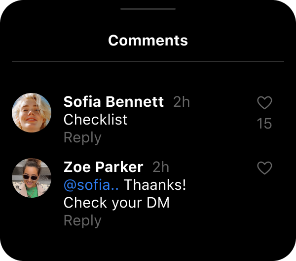 Instagram comment thread showing an automated reply telling a user to check their DM