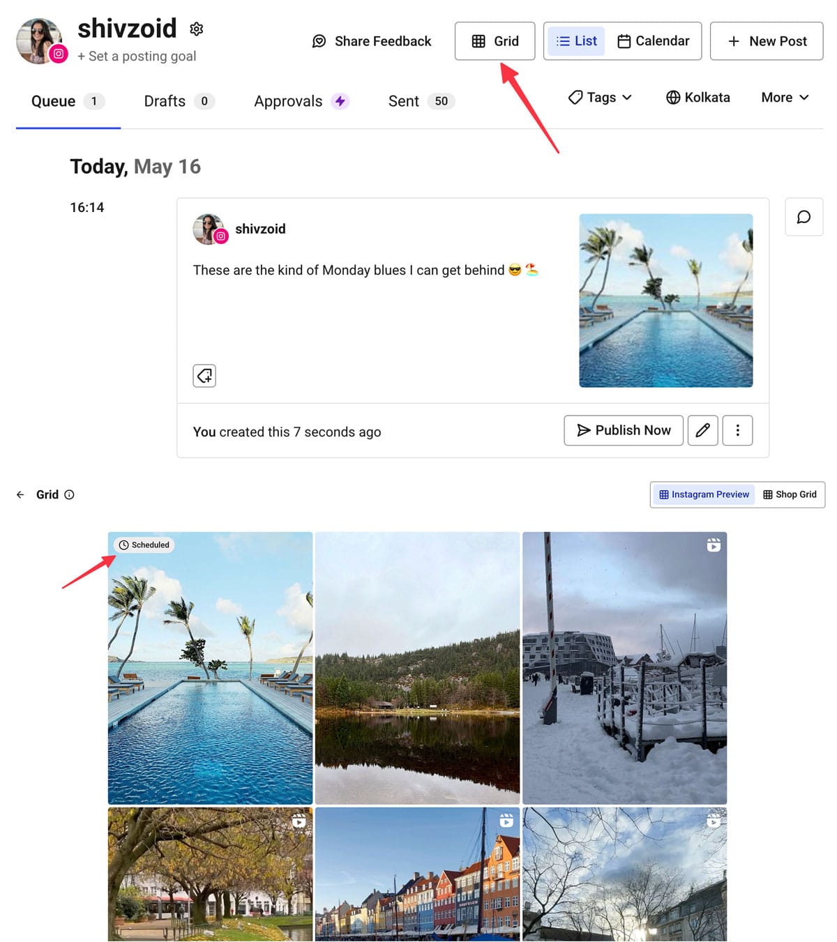 Buffer dashboard showing scheduled Instagram content and grid preview
