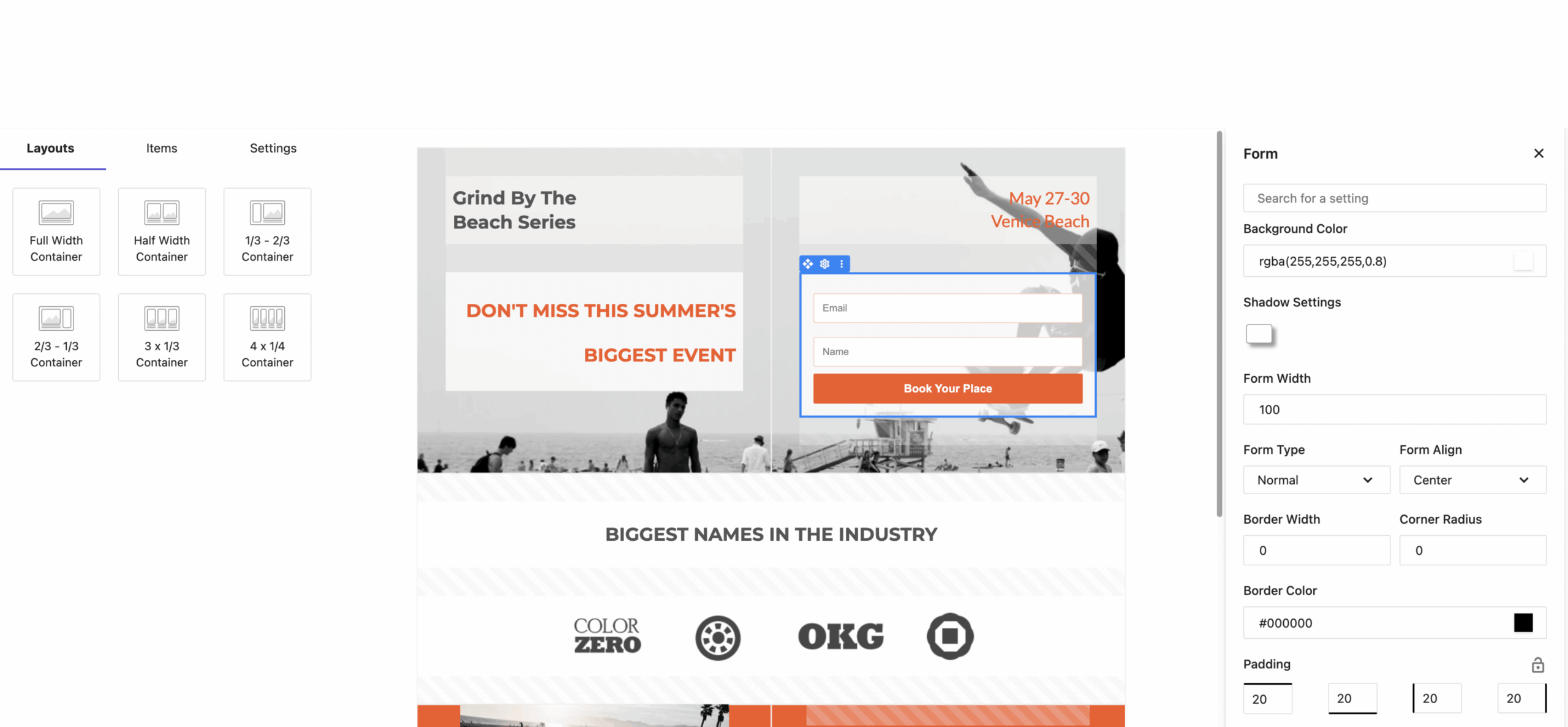 Moosend landing page builder with form editing controls